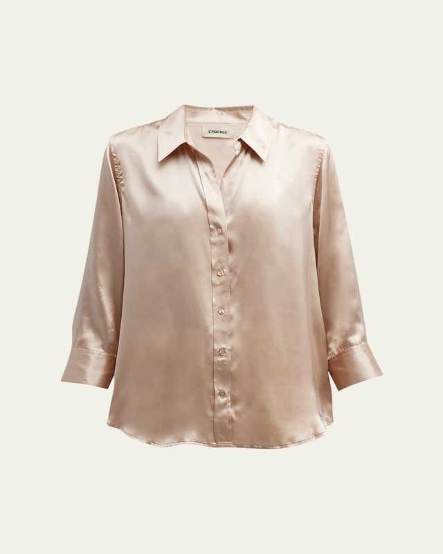 Dani Silk Satin 3/4-Sleeve Button-Down Blous